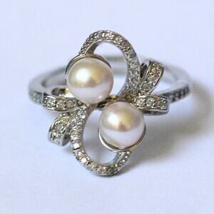 Akoya Double Pearl Ring 925 Sterling Silver Setting